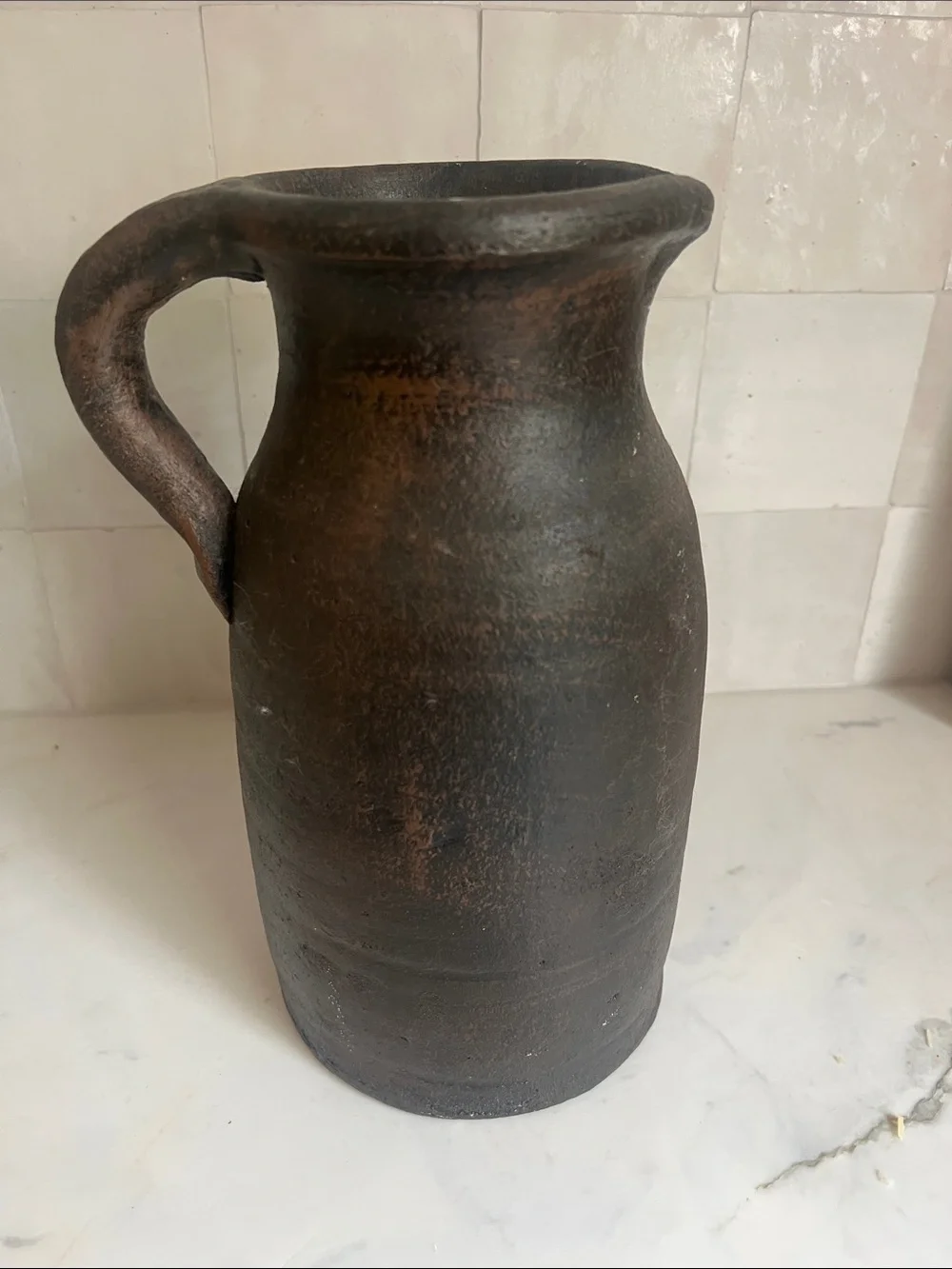 Primitive Chocolate Brown Amber Interiors Style Pottery Vintage Vase Pitcher